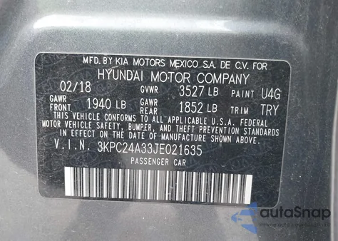 2018 Hyundai Accent Se z USA, uszkodzony, nr VIN 3KPC24A33JE021635